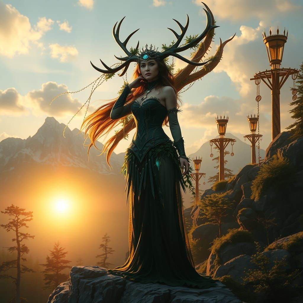 Mystical Forest Queen with Antlers at Sunrise
