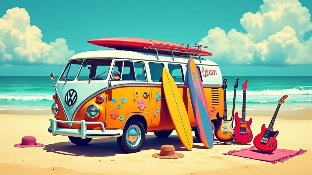 Psychedelic Beach Scene with Surfboards and Vintage Bus