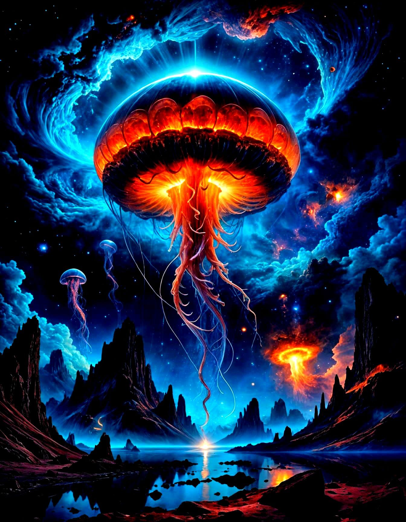 Cosmic Jellyfish Drifting Through Nebula Above Alien Planet