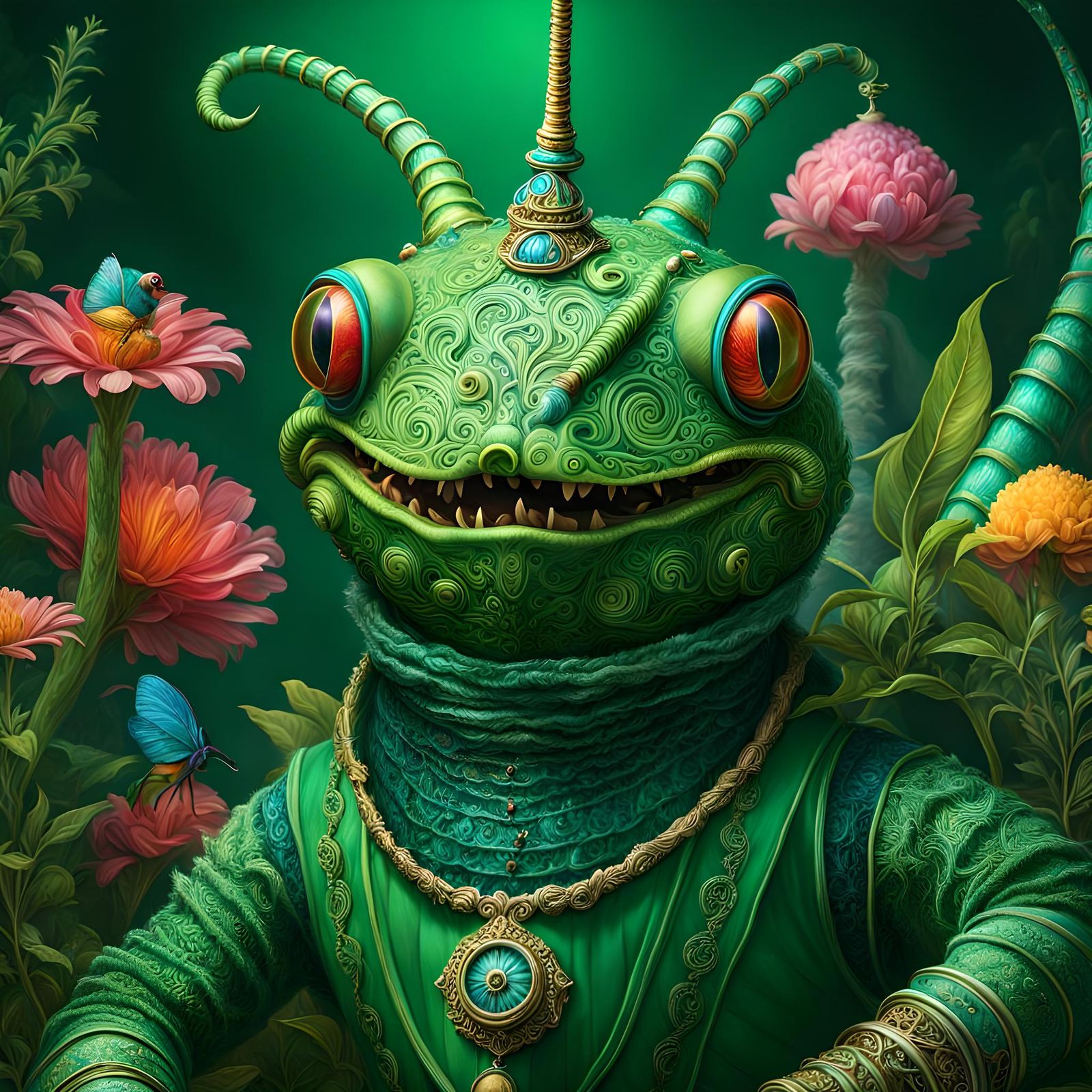 Hookah Caterpillar Portrait in Hieronymus Bosch Style