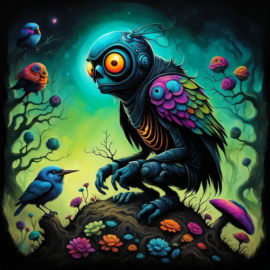 Glowing Bird Watcher in Vibrant Forest