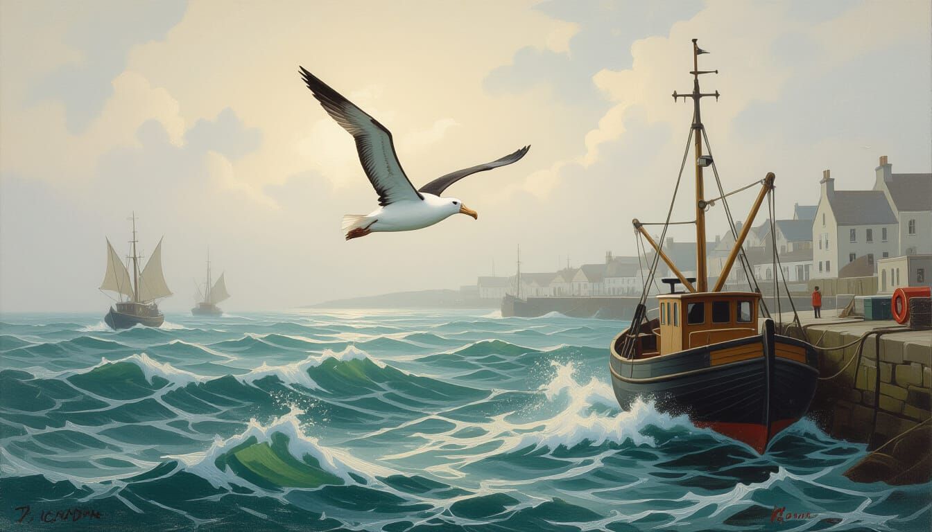 Albatross Takes Flight Over Scottish Fishing Port in Misty M...