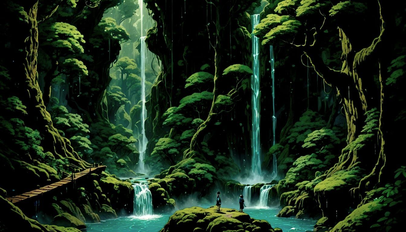 Blue-Green Forest Waterfall: Fantasy Concept Art