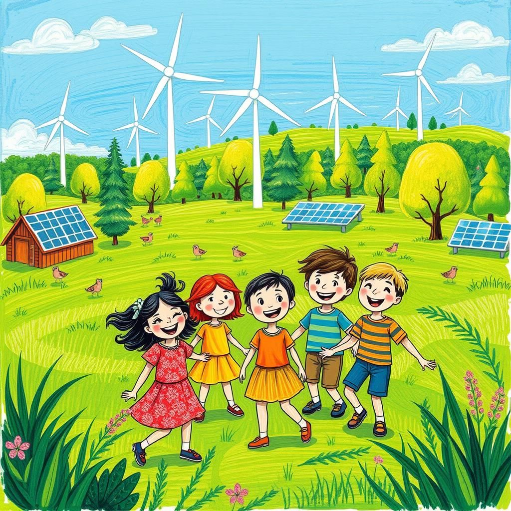 Children Play in Renewable Energy Future, Naive Art Style