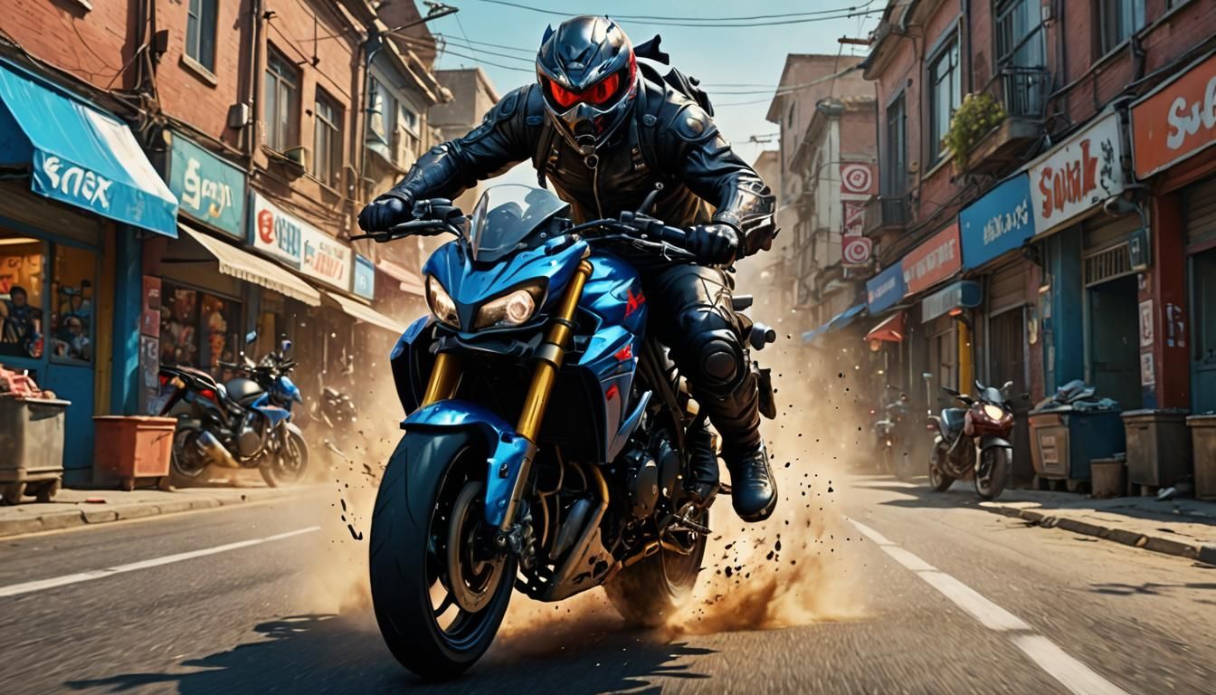 Werewolf Biker on Suzuki: Hyperrealistic Splash Art