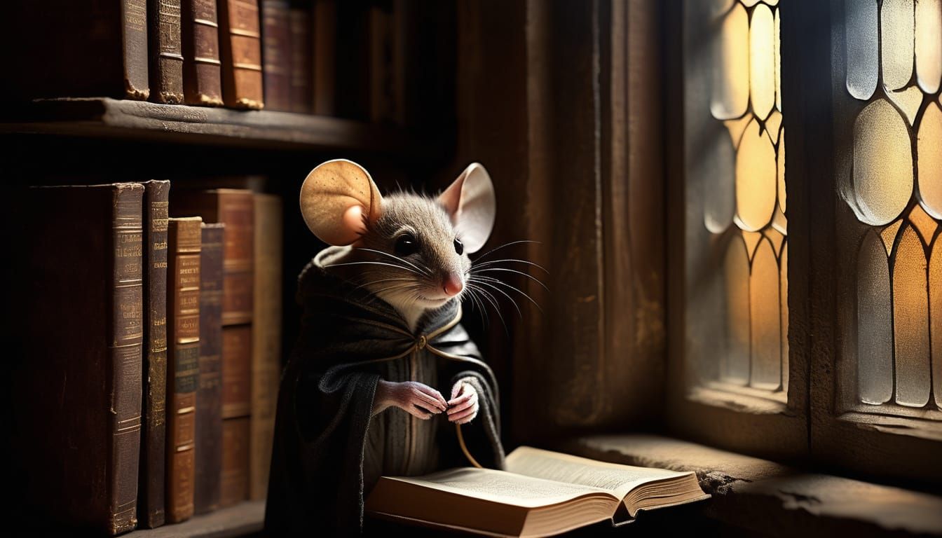 Timid Mouse in Gothic Library: Victorian Dark Fantasy