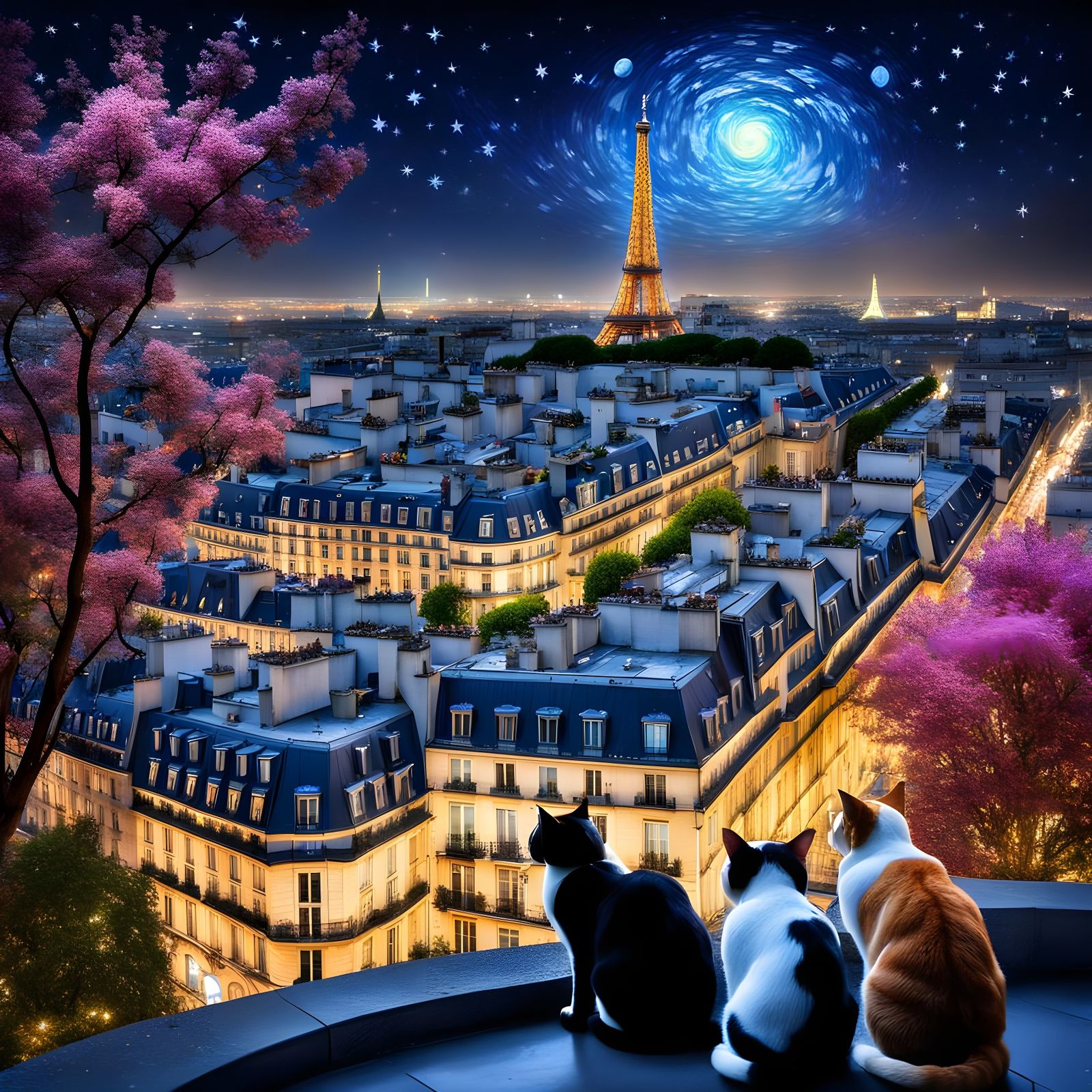 Cats Overlooking Paris in Impressionistic Starry Night