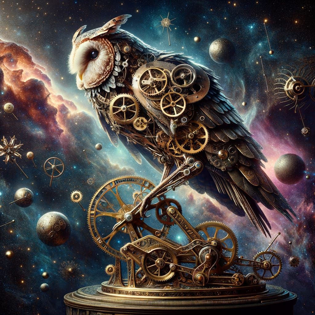 Steampunk Owl with Clockwork Gears on Brass Branch