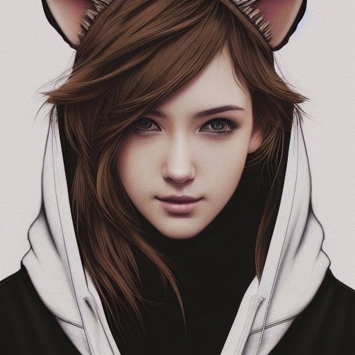 Anime Girl with Cat Ear Hoodie, Digital Art