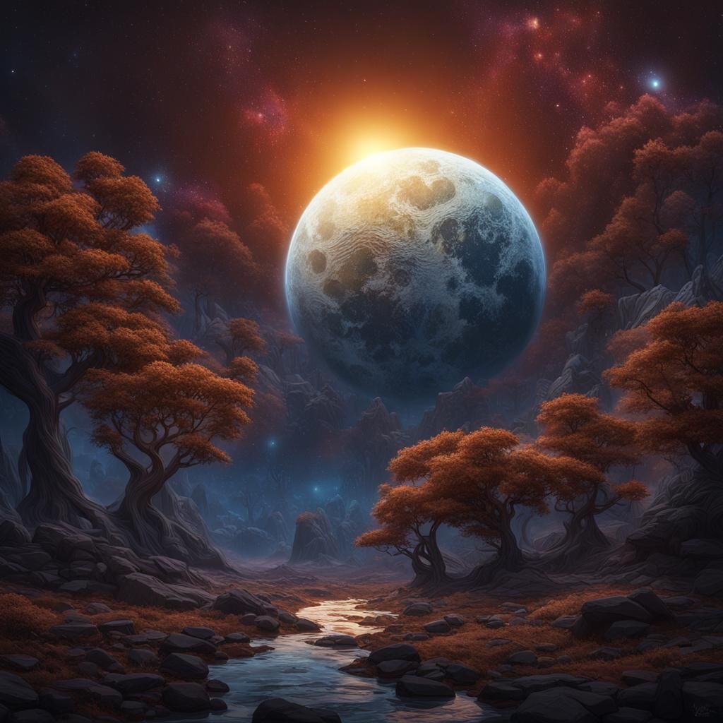Celestial Sun and Moon in Love, Detailed Matte Painting
