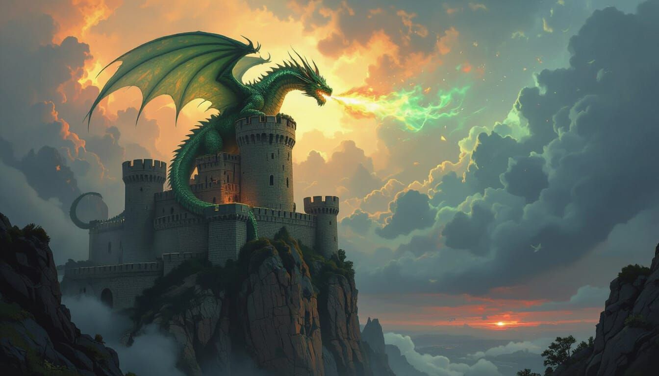 Epic Dragon Spits Fire At Ancient Castle