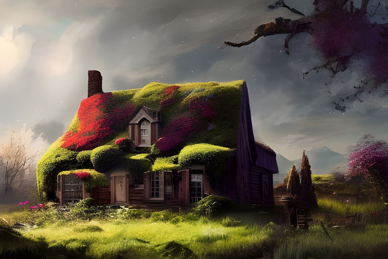 Mossy Farmhouse with Dramatic Sky, Digital Art