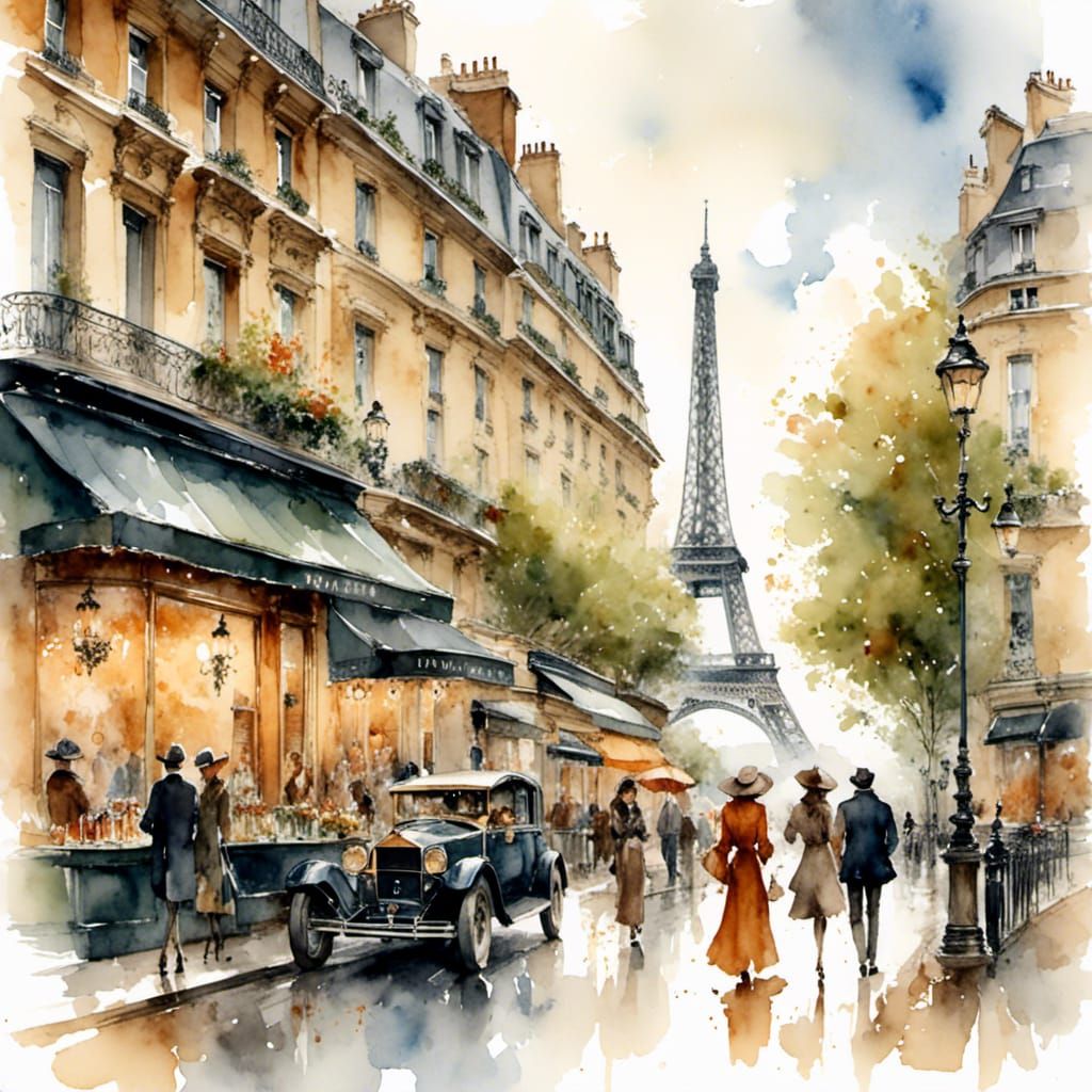 Parisian Street Scene with Eiffel Tower Illustration