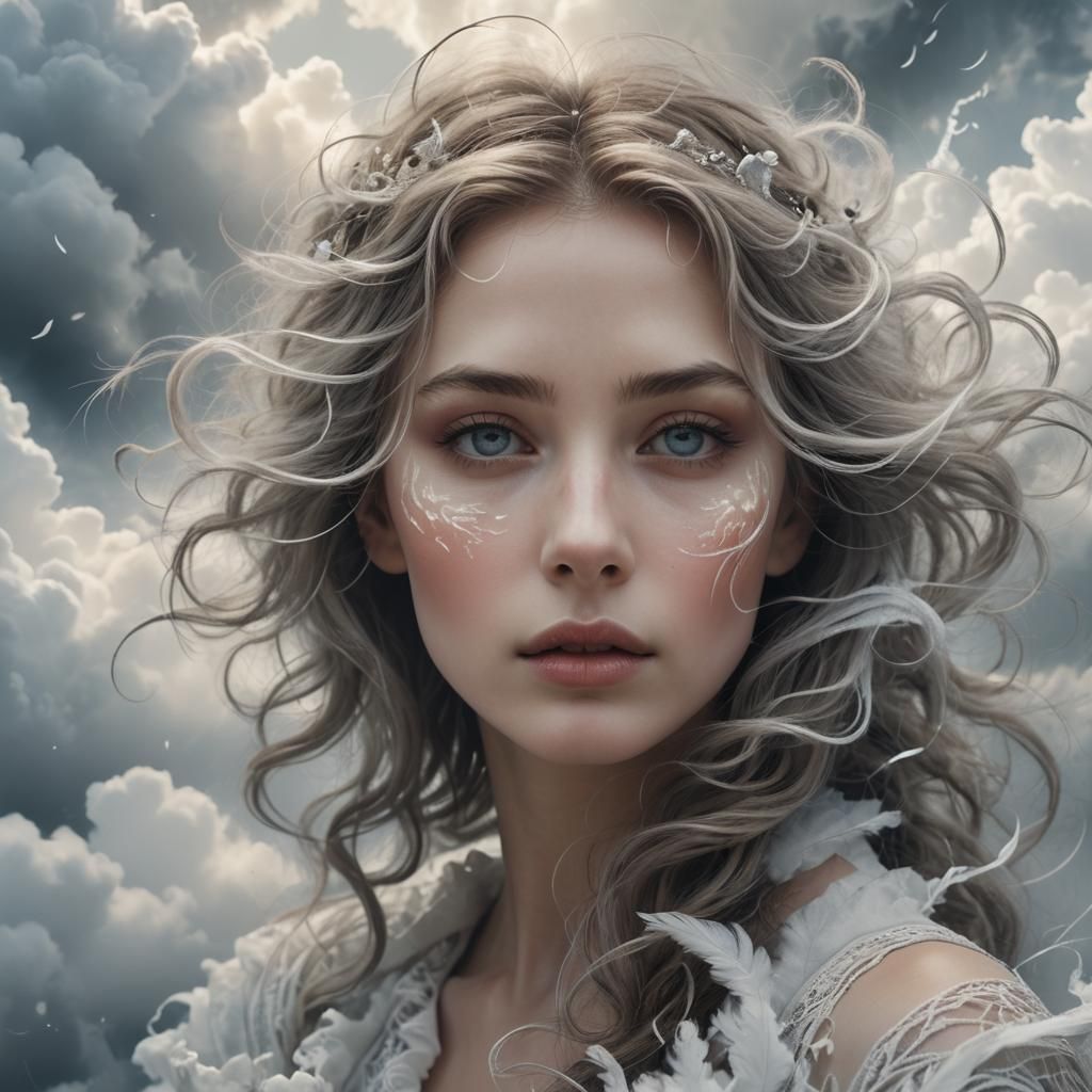 Ethereal Woman's Face in Swirling Clouds