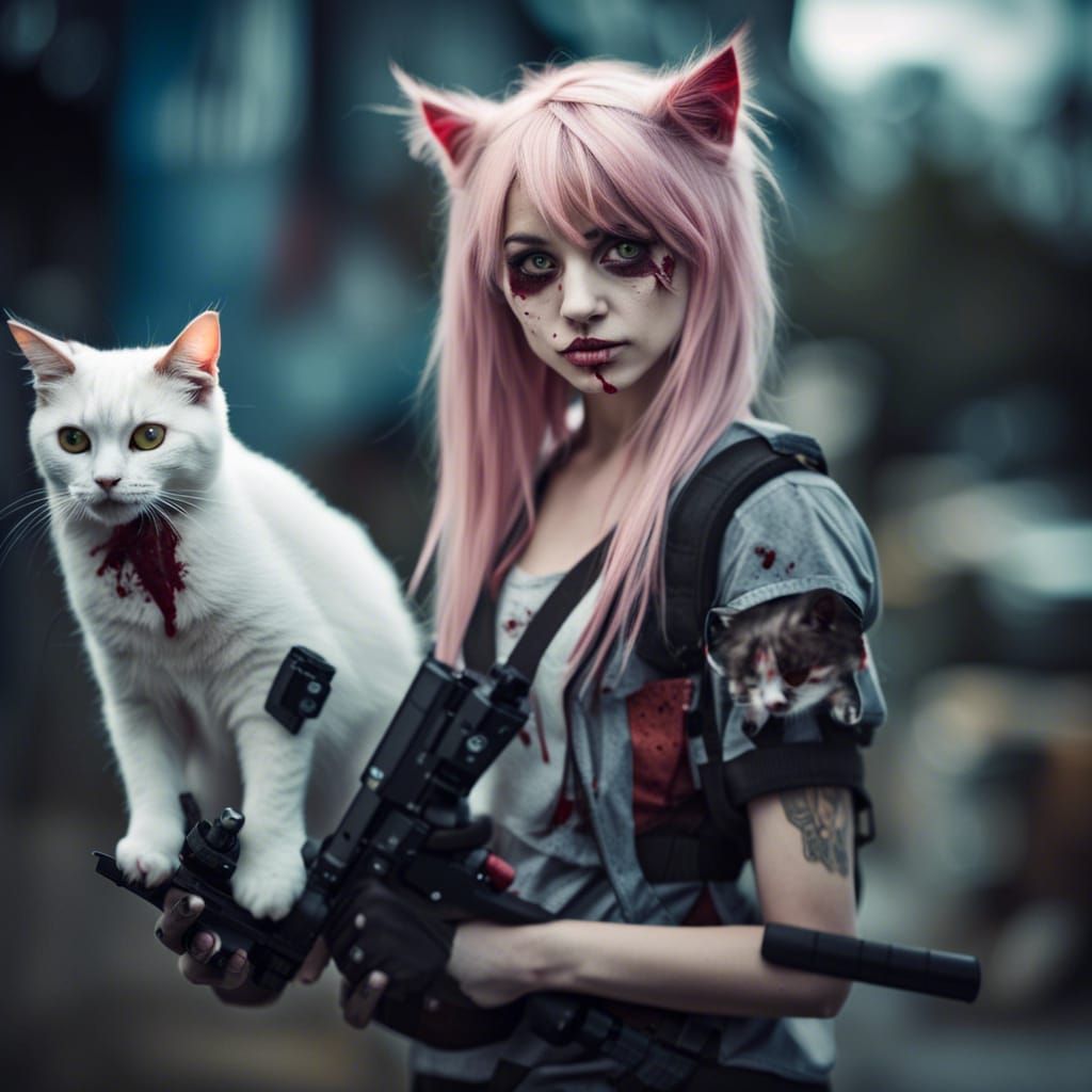 Anime Zombie Girl with Cat Sidekick: Sharp Focus