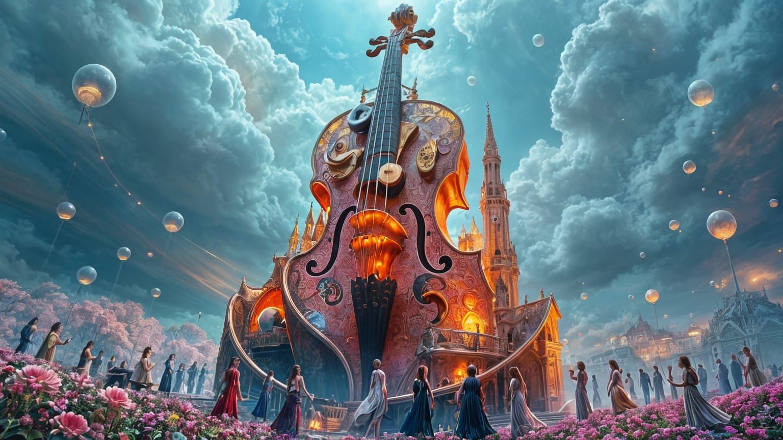 Surreal Dreamscapes Featuring Vibrant Musical Instrument Scu...