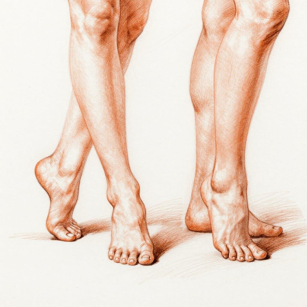 Graphite Sketch of Dancing Women's Feet in Orange Tones