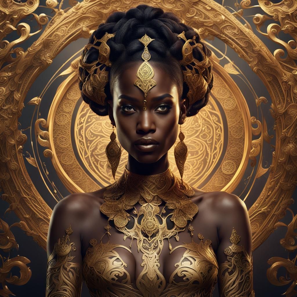 Ebony Beauty with Gold Filigree Tattoos