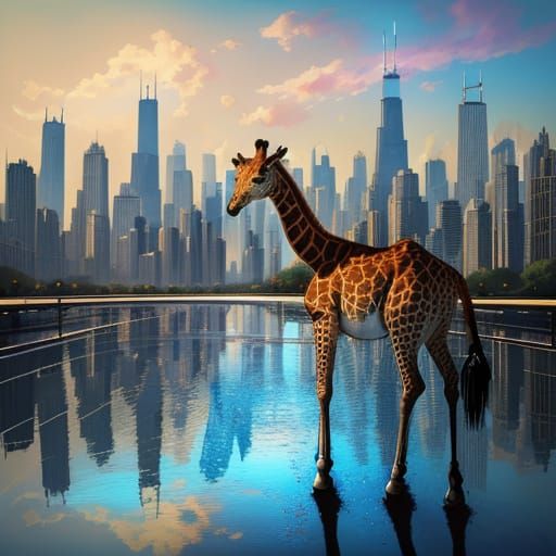 Giraffe Drinks Kombucha in Vibrant Chicago Oil Painting