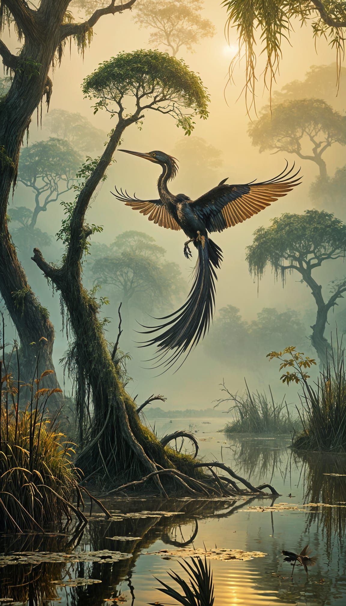 Ethereal Anhinga Soars Over Ancient Riverbank in Mystical Ha...