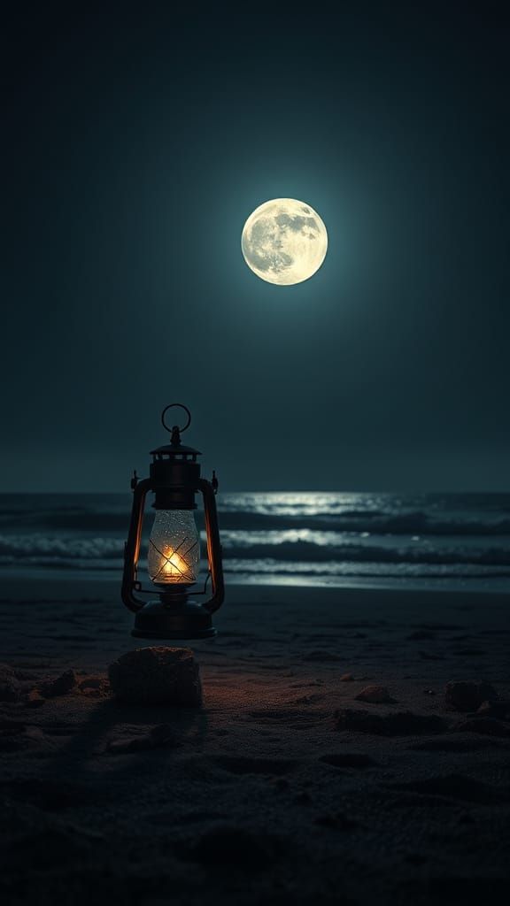 Hyperrealistic Lantern on Seashore at Night