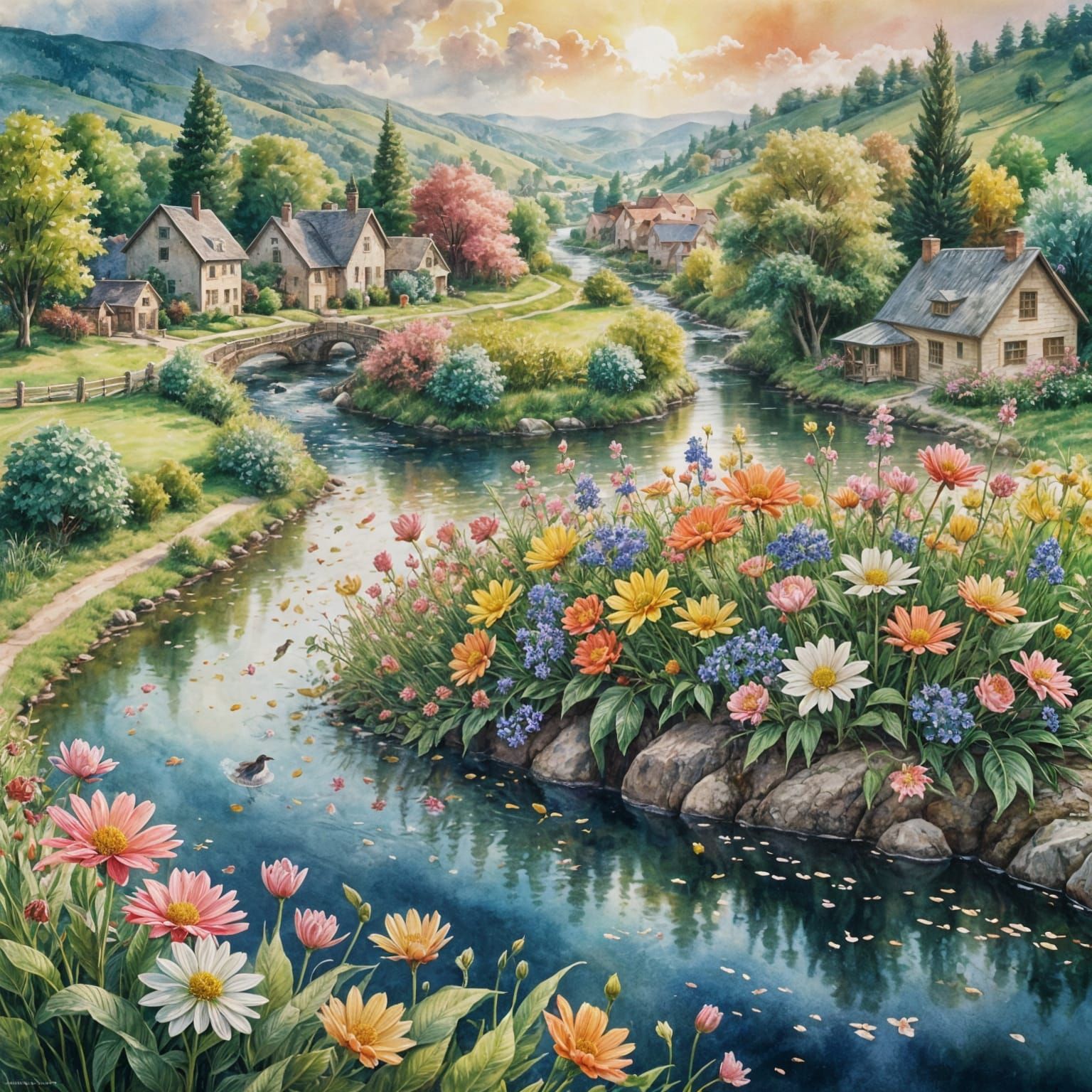 Magical Flower Bouquet River Scene in Watercolor