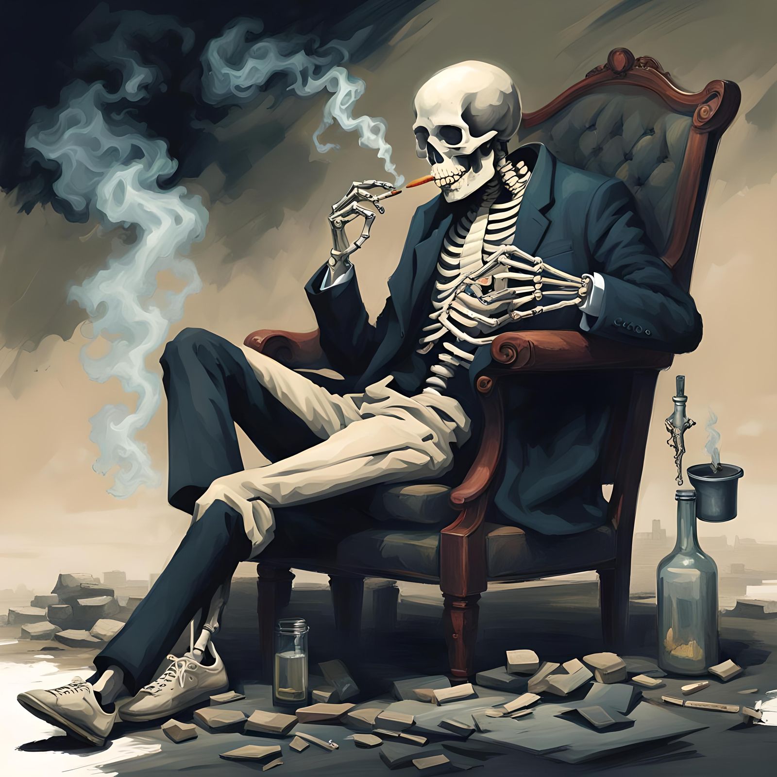 Sinister Skeleton Man Smoking a Joint