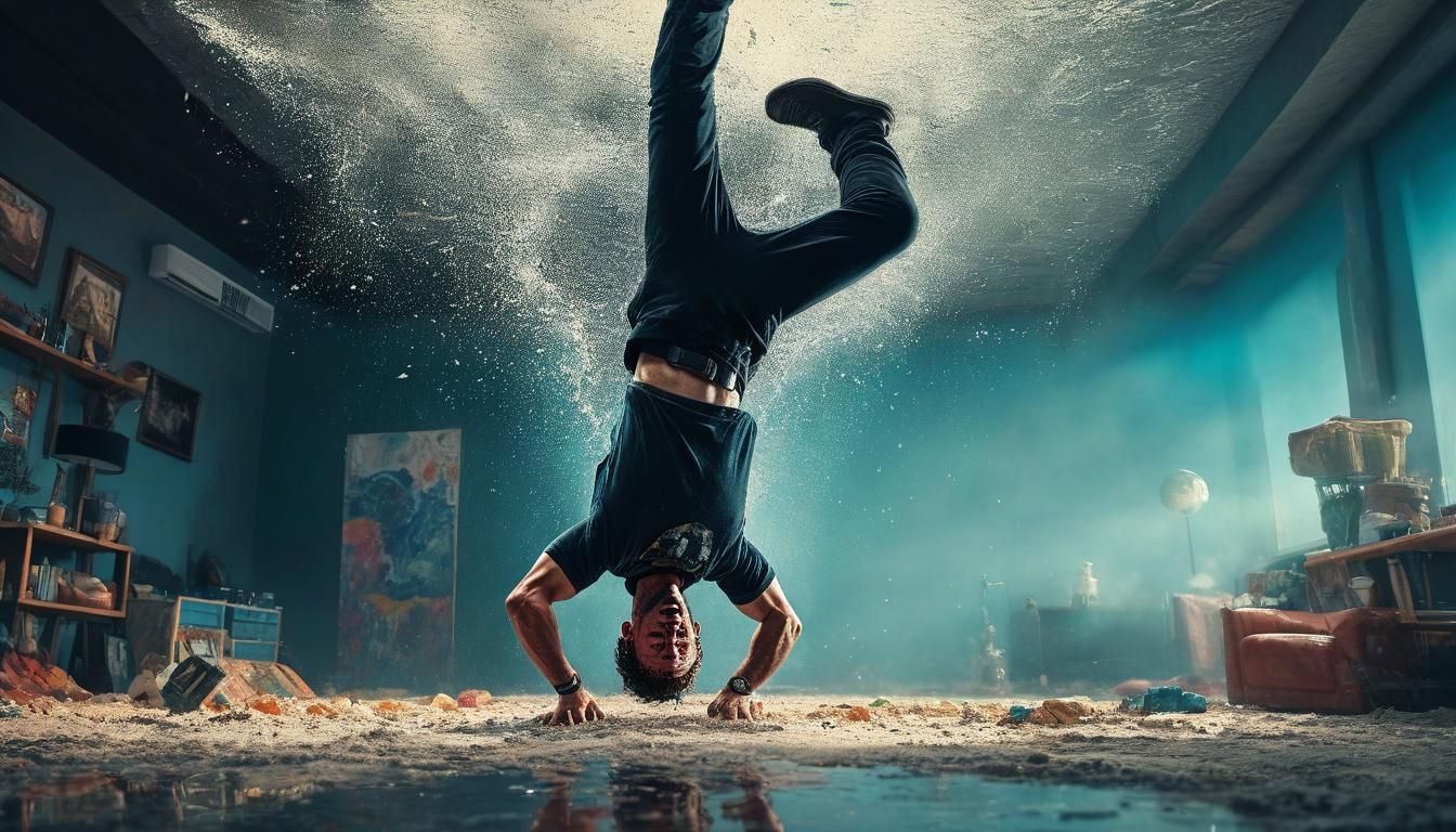 Hyperrealistic Man Doing Backflip Upside Down