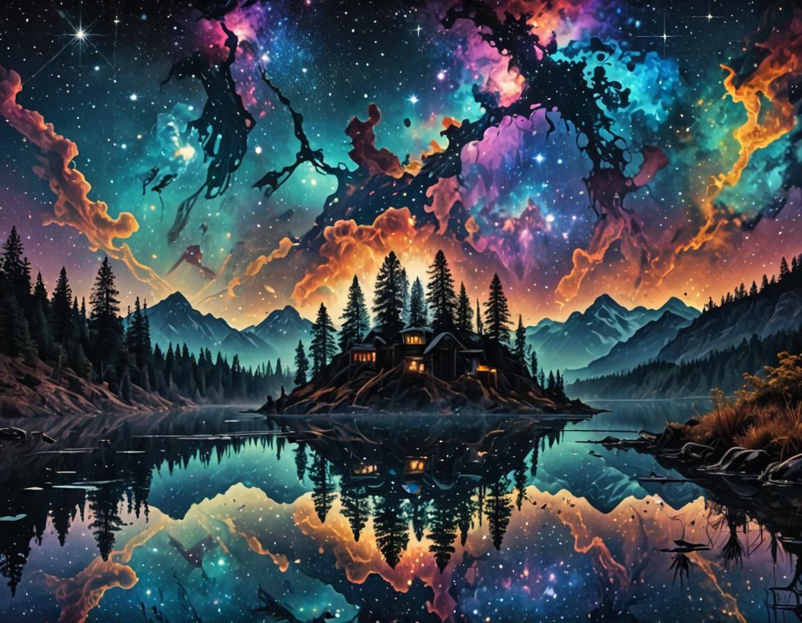 Cosmic Dreamscape Odyssey, Double Exposure lake Silhouette, ...