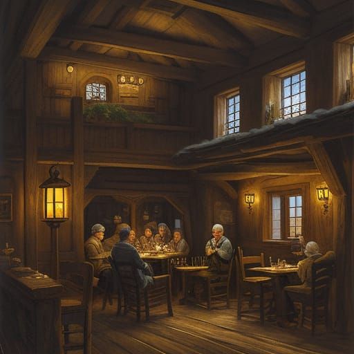 Cozy Tavern Scene with Bard and Fireplace in Painterly Style