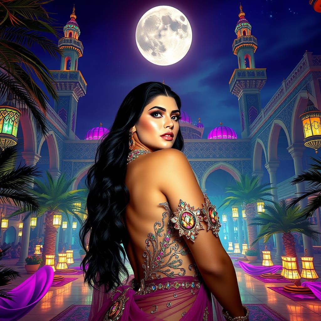 Majestic Courtyard Princess in Gemstone Attire under Moonlit...