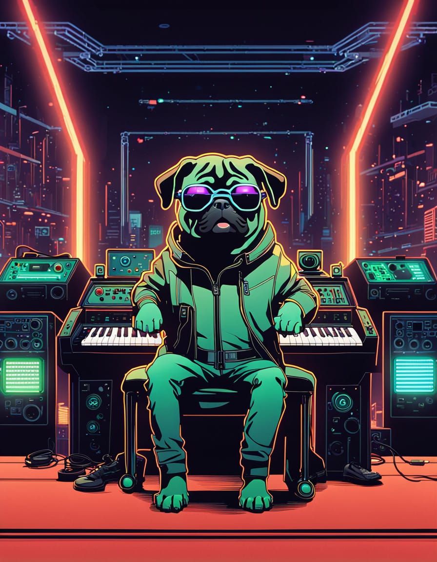 Cyberpunk Pug Conductor in Gritty Futuristic Concert Hall