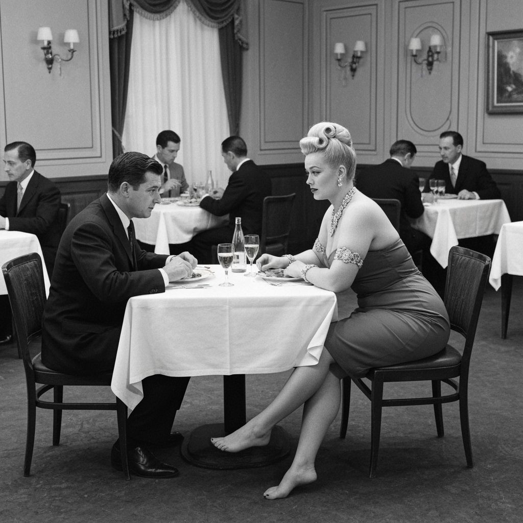 Elegant 1950s Restaurant Scene: Couple's Romantic Dinner