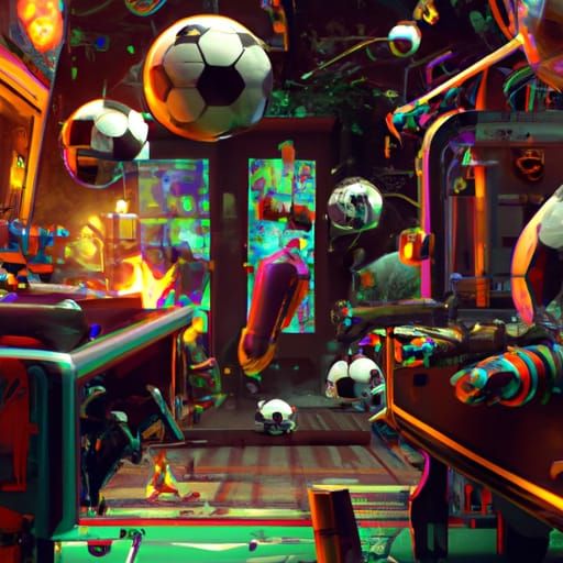 Space-Time Foosball in Detailed Matte Painting Style