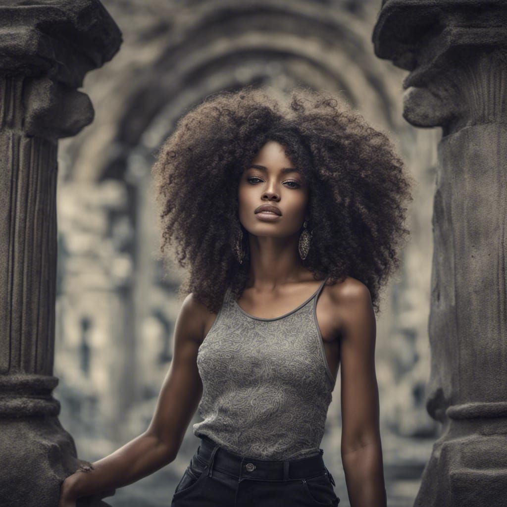 Ethereal Black Woman with Afro in Moody Setting