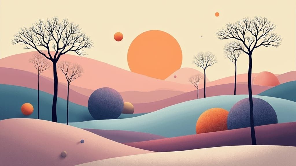 Dreamy Surreal Landscape with Pastel Hues and Celestial Orbs