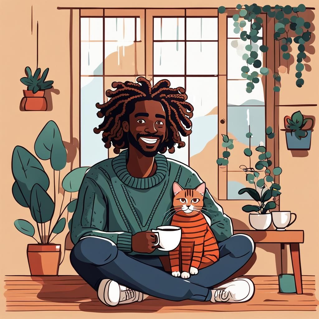 Smiling Man with Cat in Flat Vector Style