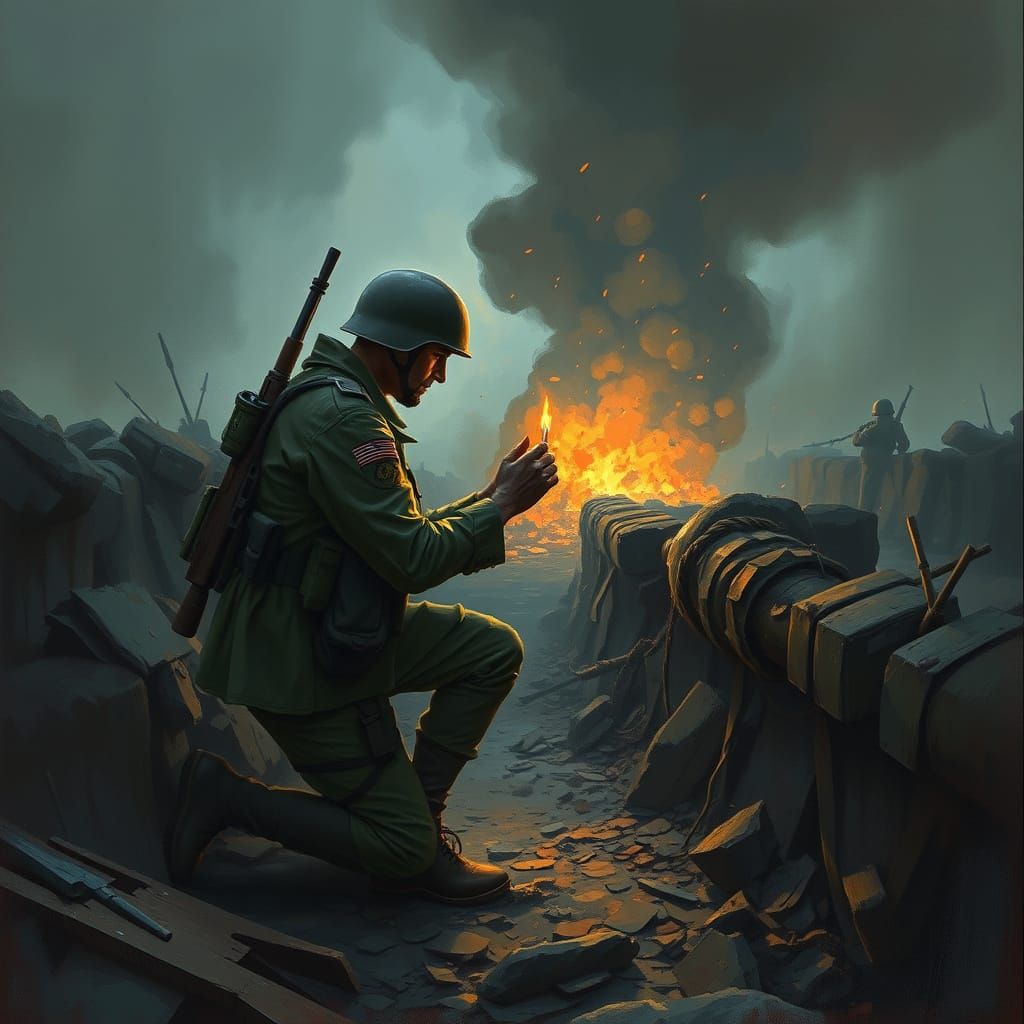 Soldier's Proposal in War Trench, Dramatic Illustration