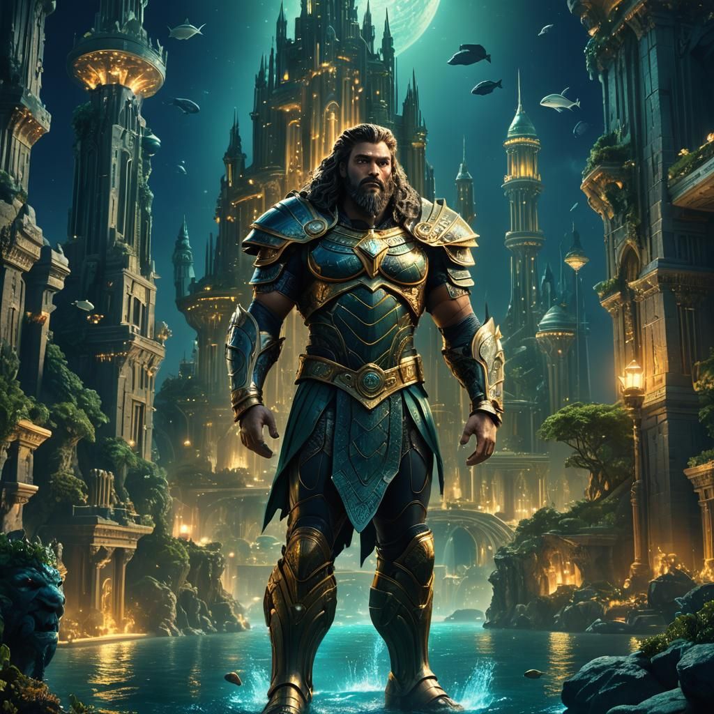 King of Atlantis in Bioluminescent City at Night