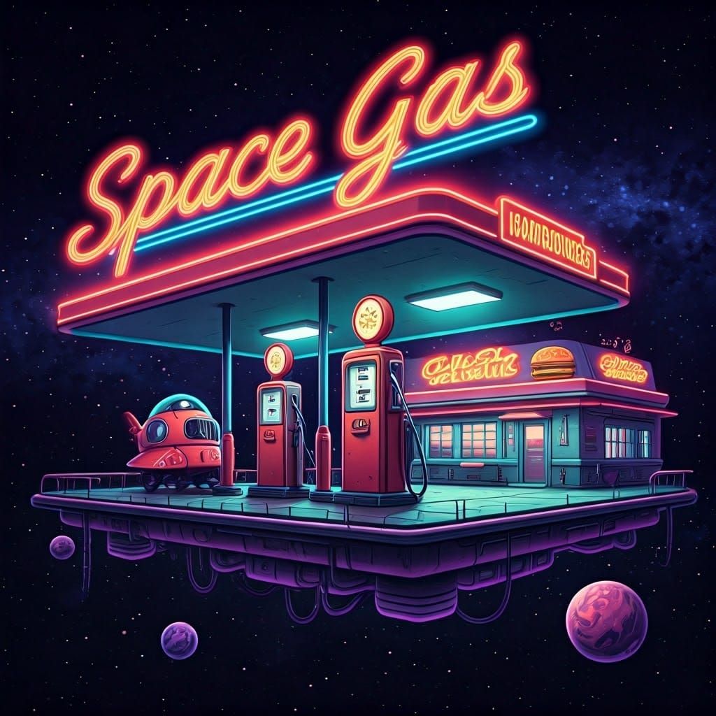 Chibi Alien Gas Station in Retro-Futuristic Comic Style