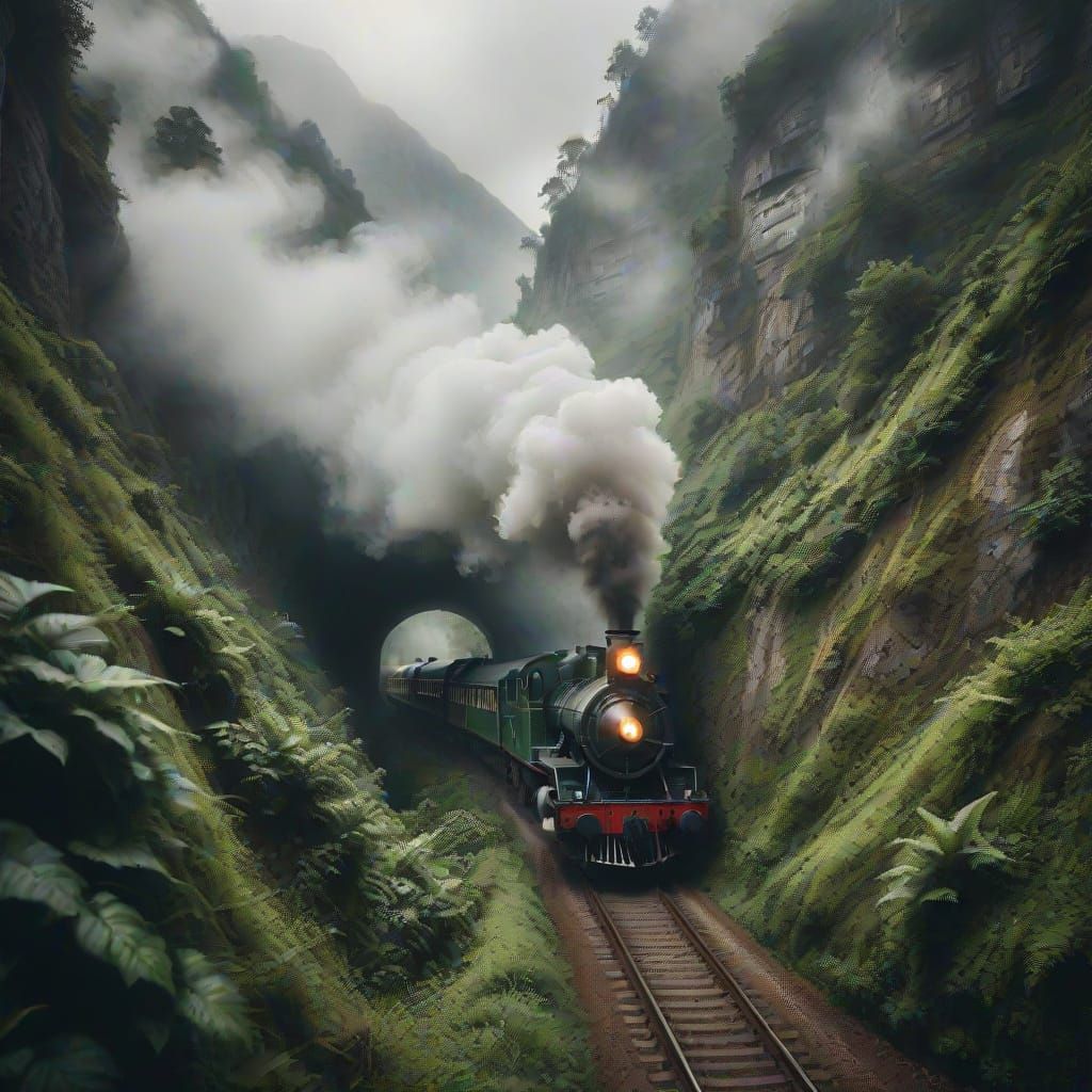 Victorian Train Chugs Through Misty Mountain Tunnel