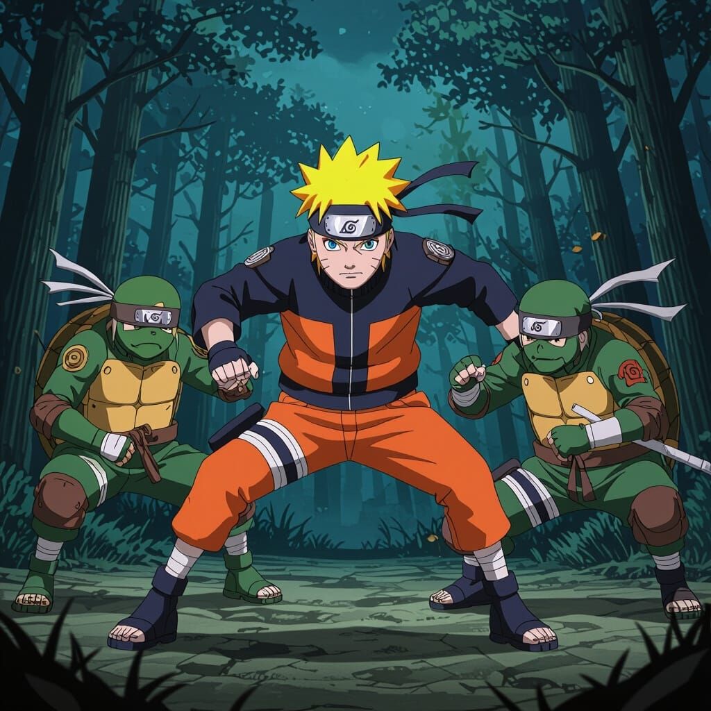 Naruto and Ninja Turtles Battle in Anime Comic Style