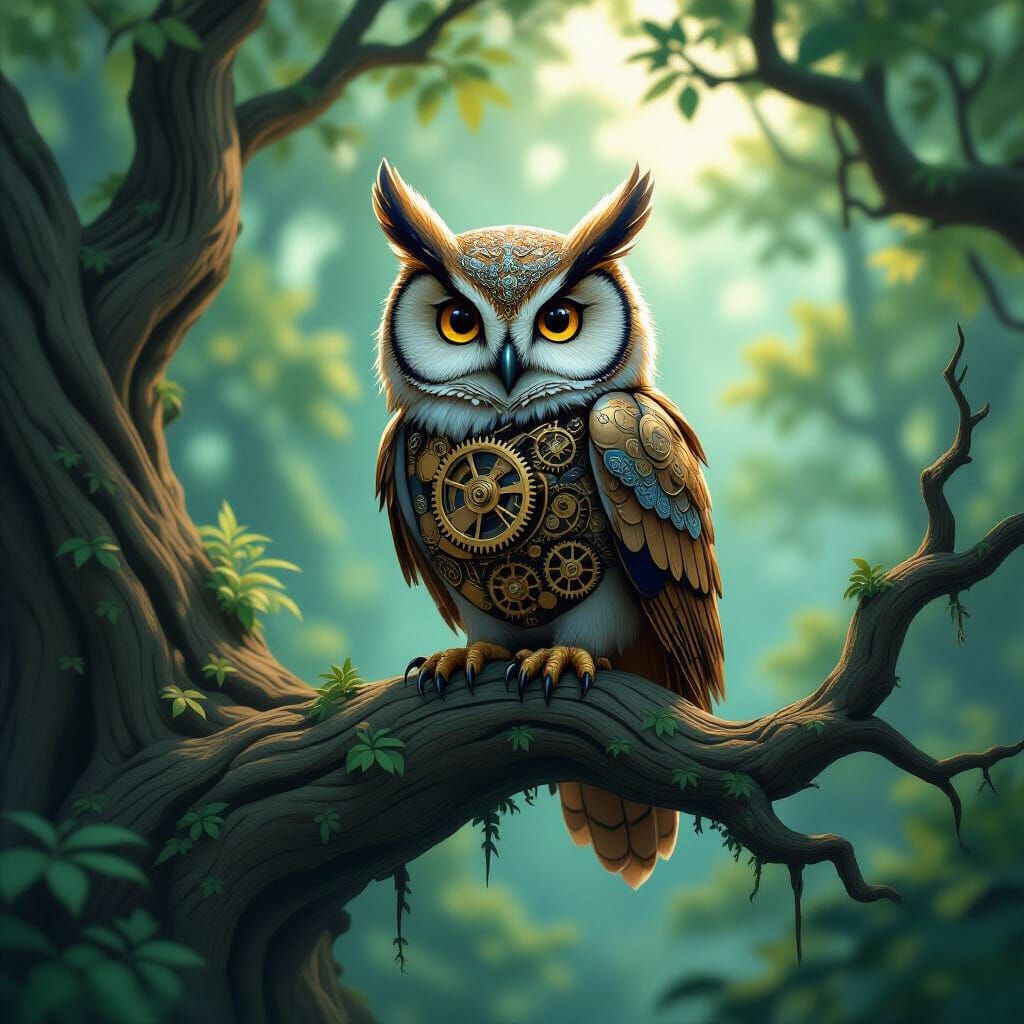 Clockwork Owl on Ancient Branch, Ghibli Steampunk Style