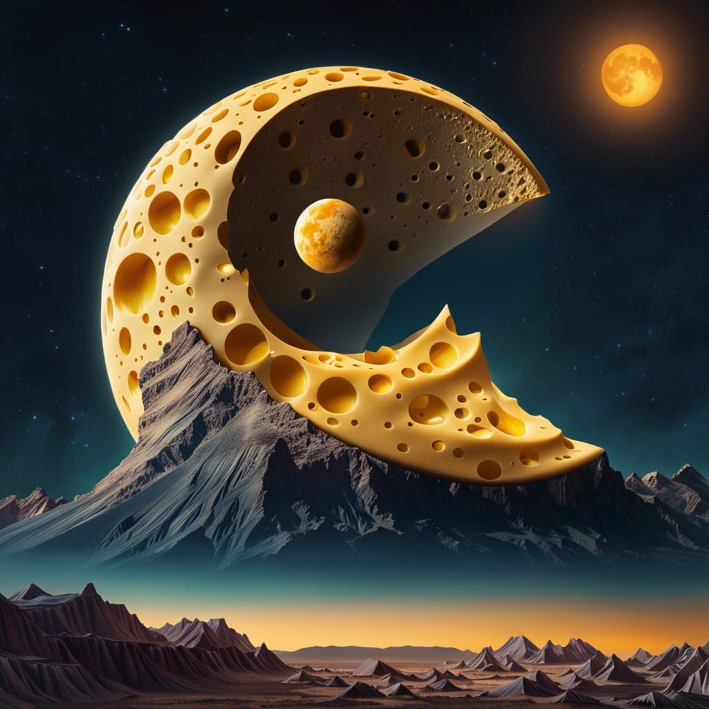 Cheese Moon Over Alien Planet Landscape