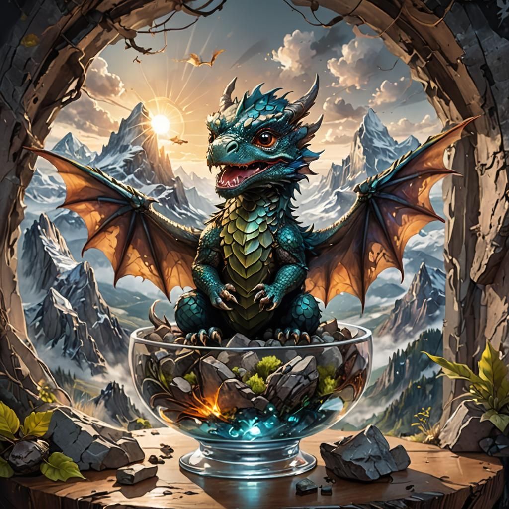 Chibi Dragon in Eagle Nest: 3D Digital Art