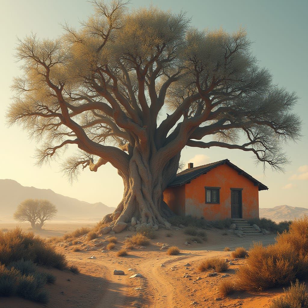 Ancient Tree Envelops Italianate House in Desert Landscape