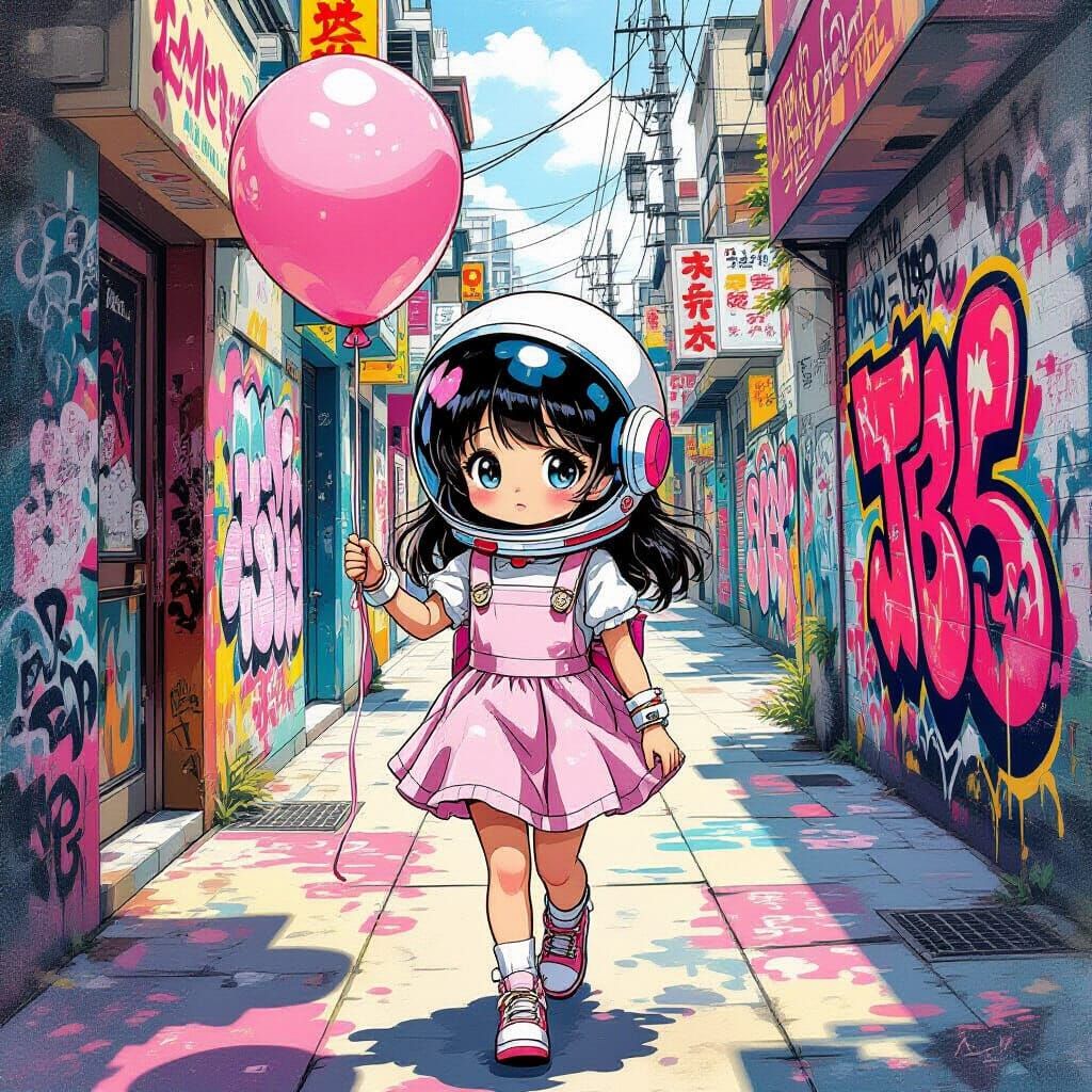 Girl with Astronaut Balloon in Surreal Kawaii Style
