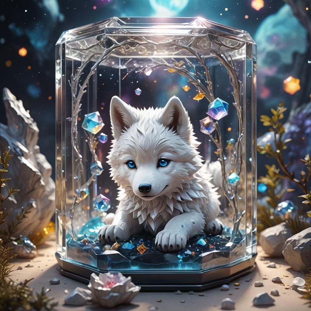 Cute White Wolf Pup in Glass Box