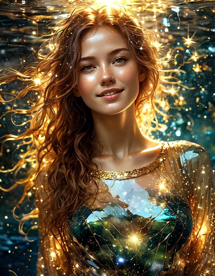 Glass-like Light Woman Dissolving into Stars