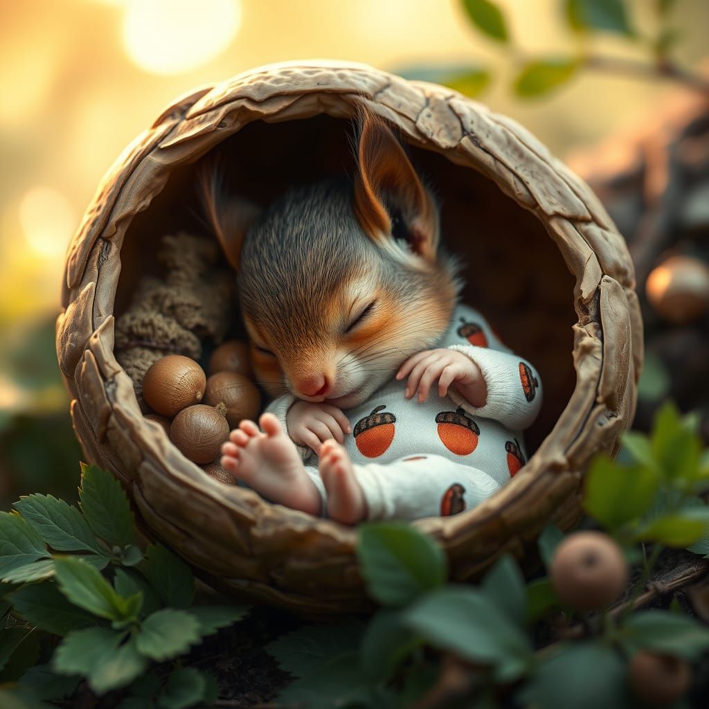 Hyperrealistic Baby Squirrel Sleeping in a Walnut Shell
